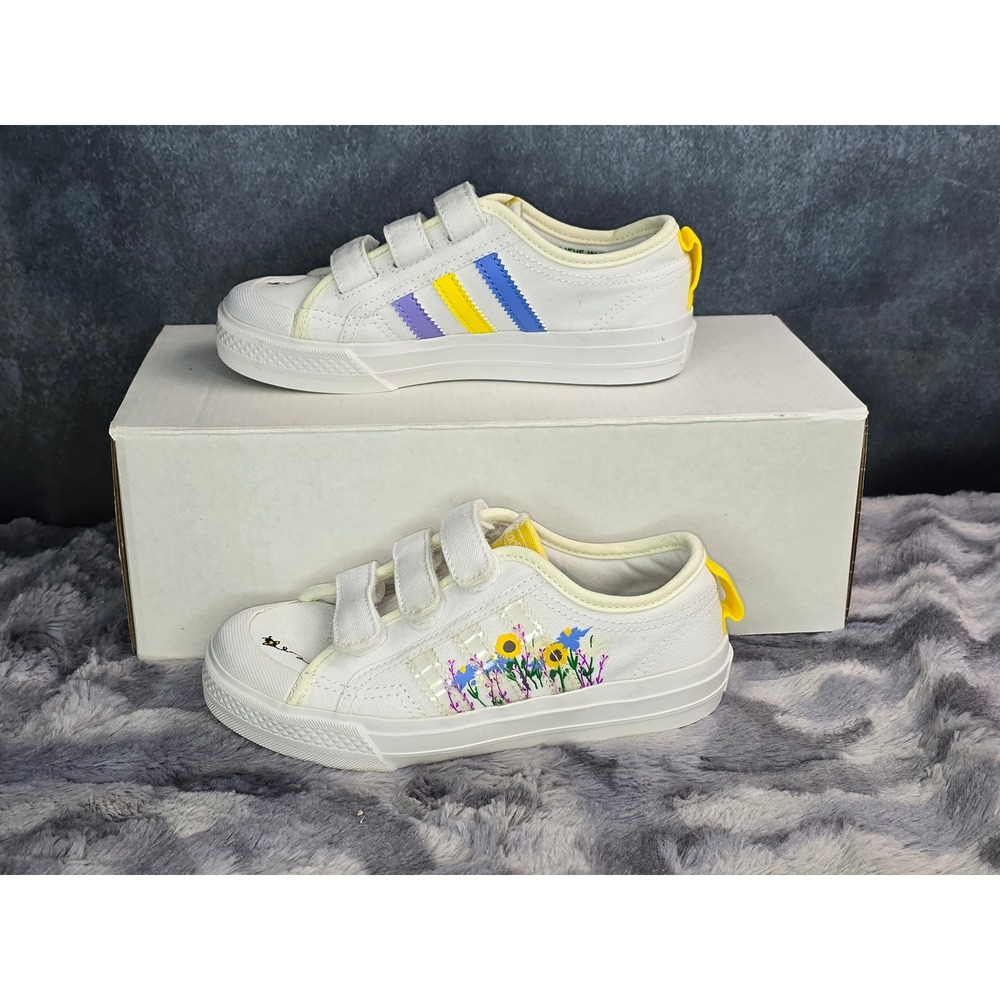 Adidas Nizza Sneakers White Floral Bee Hook and Loop Kids Size 12 HP6231